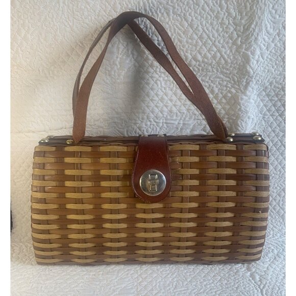 Wicker and Leather Basket Weave Purse Handbag Woven Vintage Hong Kong - Picture 13 of 15